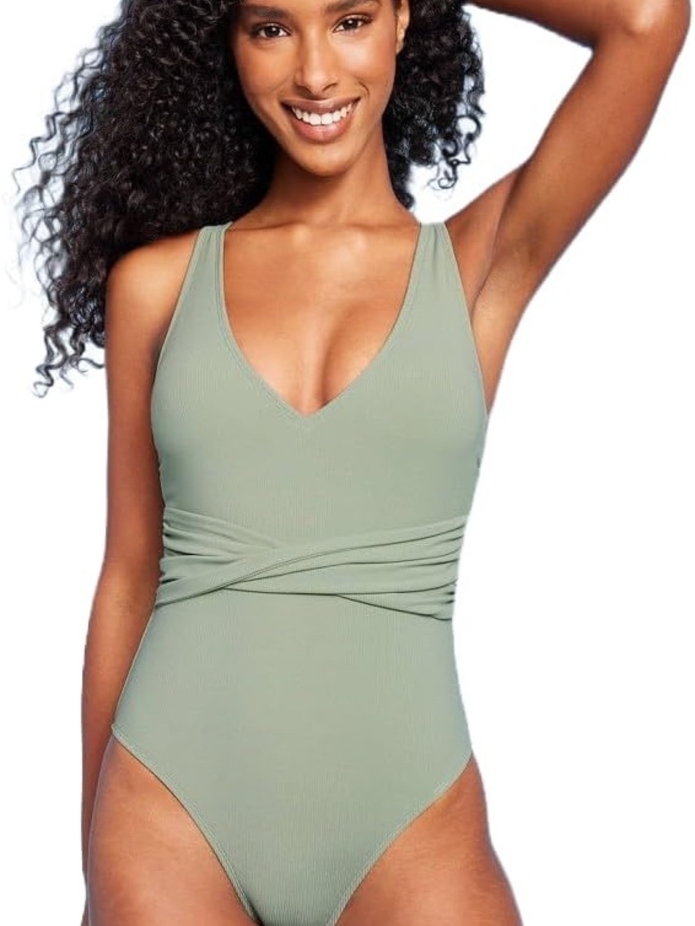 Shade & Shore Ribbed Sage Green Wrap-Front One-Piece Swimsuit